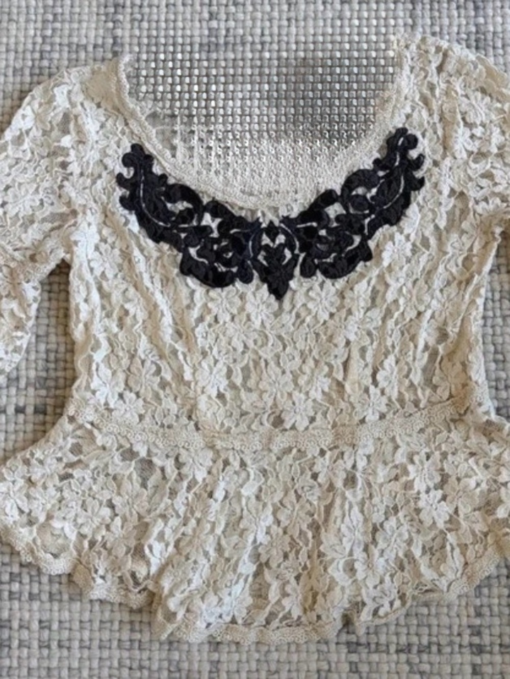 Free People Lace Peplum Top with Black Appliqué - Women's Cream Blouse